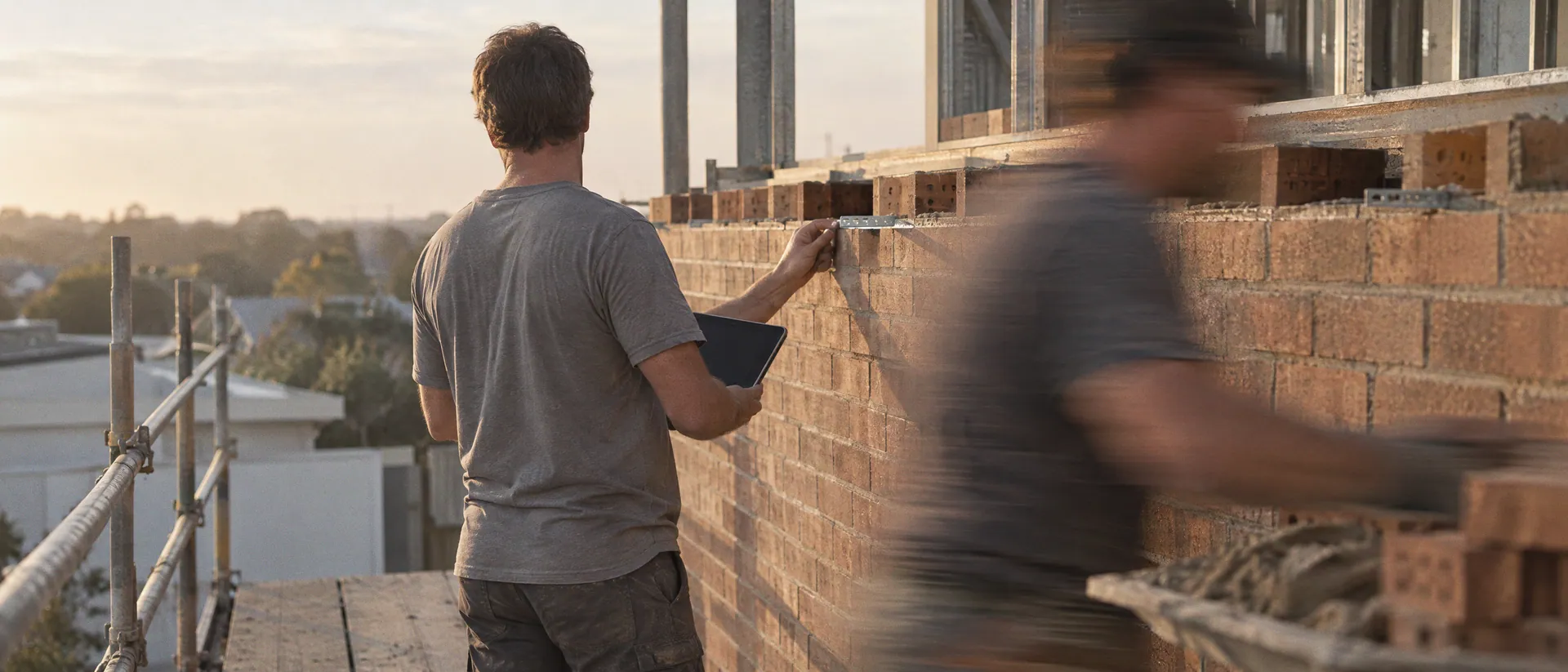 Building surveyor on scaffold checking a brick veneer wall with a tablet