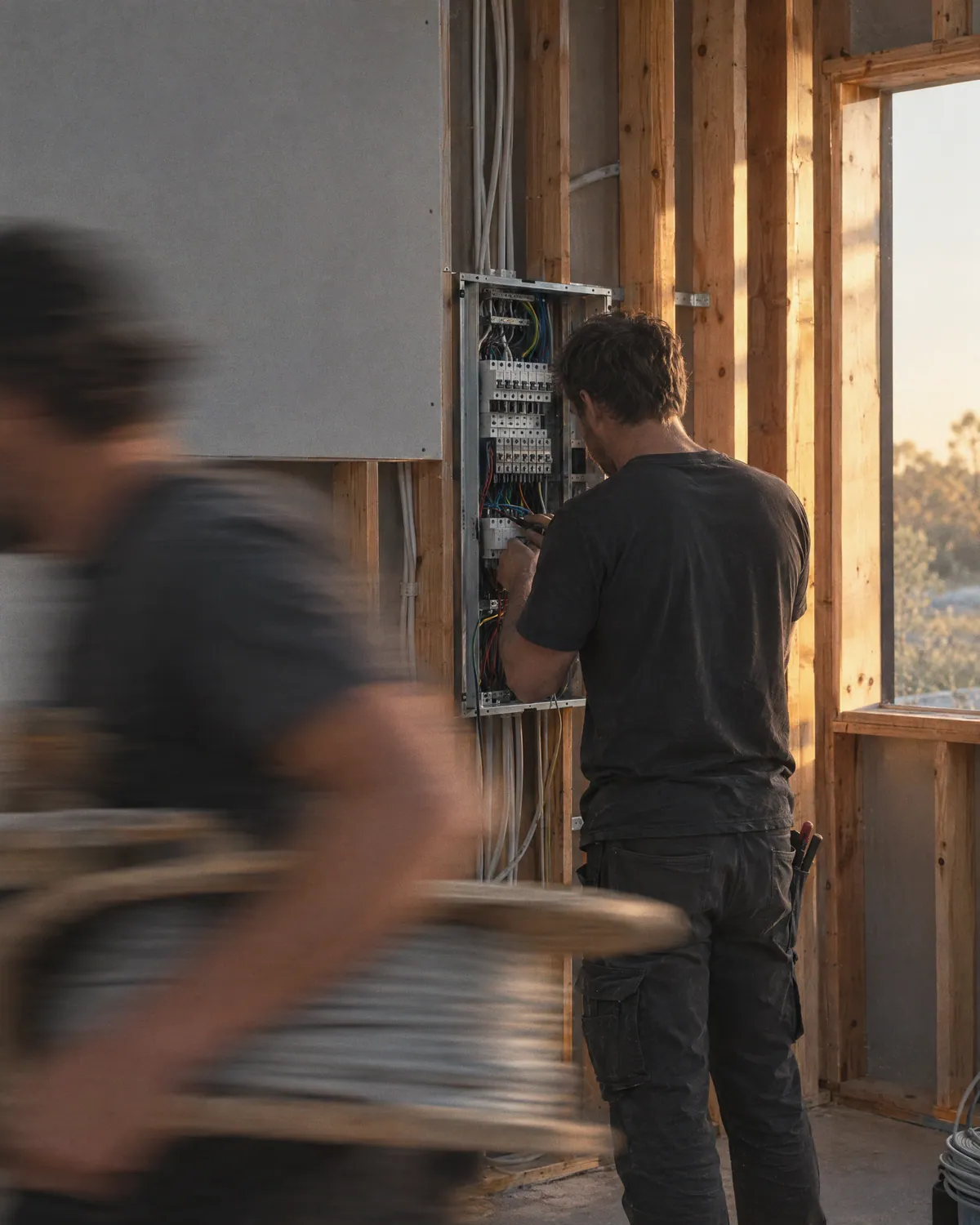 Electrician working at an open switchboard inside a timber-framed new build, a colleague carrying a cable drum blurred past